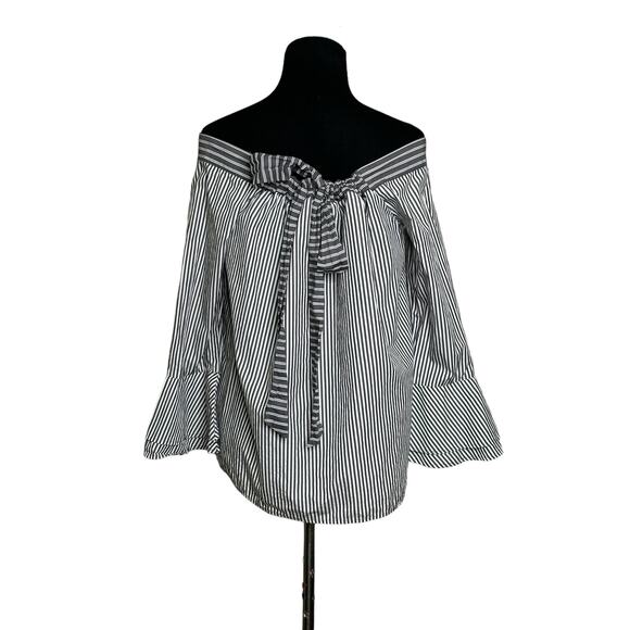 Loft gray white stripes off shoulder 3/4 sleeves blouse size small - Picture 9 of 13